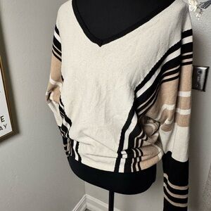 Tahari V-Neck Striped Batwing Sweater in Cream, Black and Tan